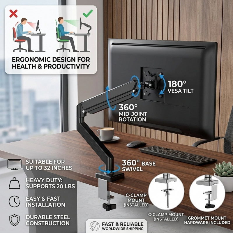 Monitor Arm Single - Heavy Duty Computer Desk Mount Stand